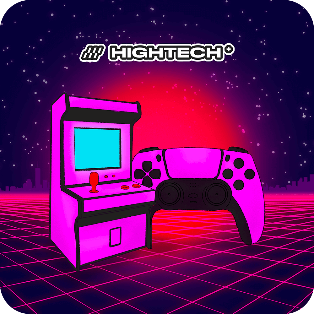 Illustration de la catégorie Hightech avec une ambiance Synthwave, logo Hightech et produits associés