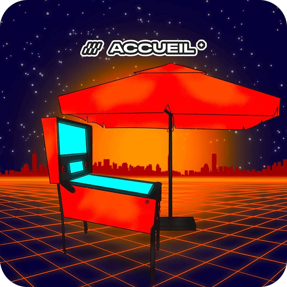 Illustration de la catégorie Accueil avec une ambiance Synthwave, logo Accueil et produits associés.