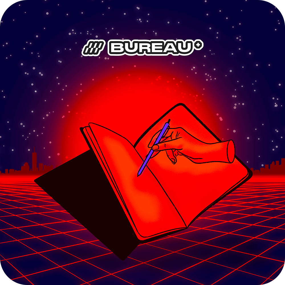 Illustration de la catégorie Bureau avec une ambiance Synthwave, logo Bureau et produits associés.