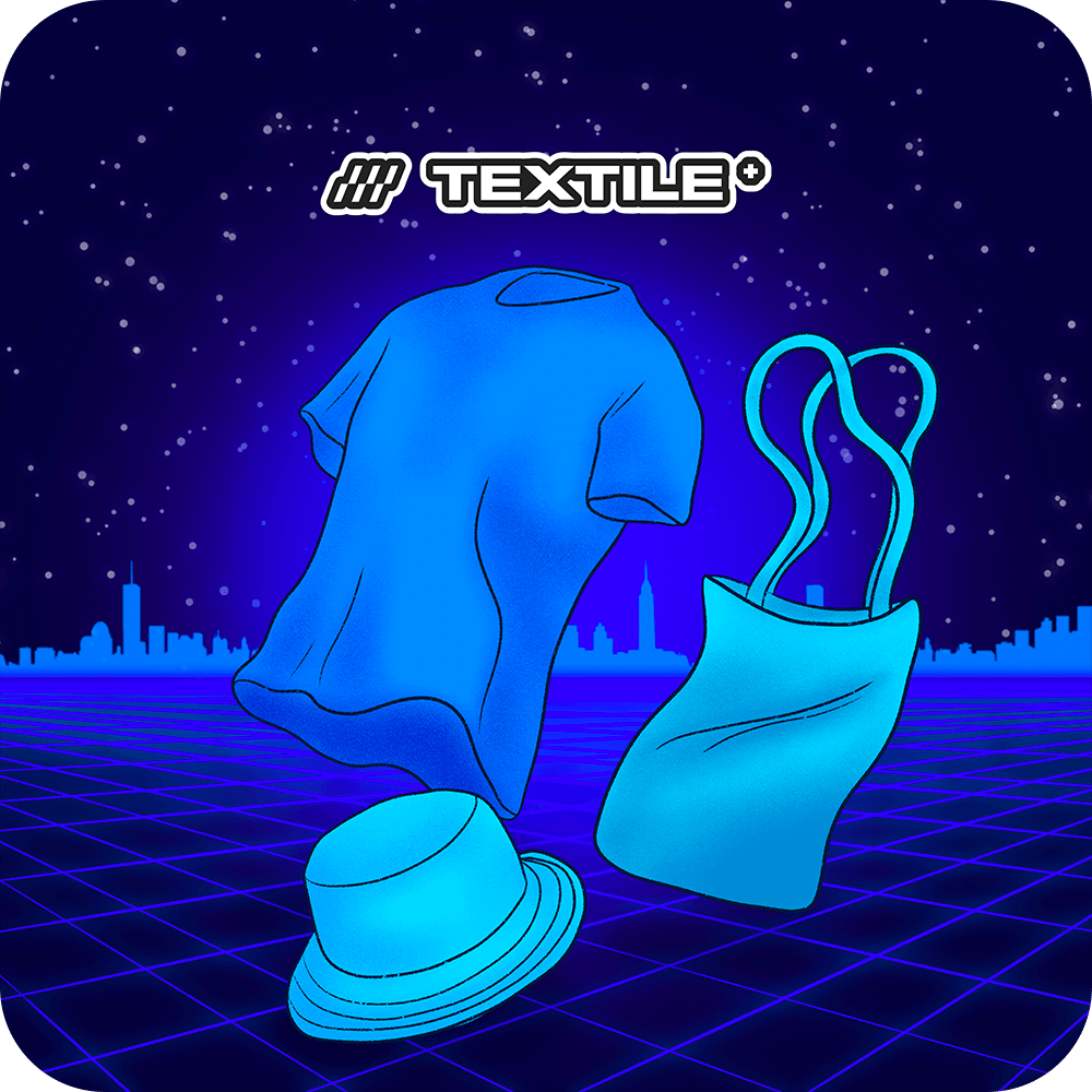 Illustration de la catégorie Textile avec une ambiance Synthwave, logo Textile et produits associés.